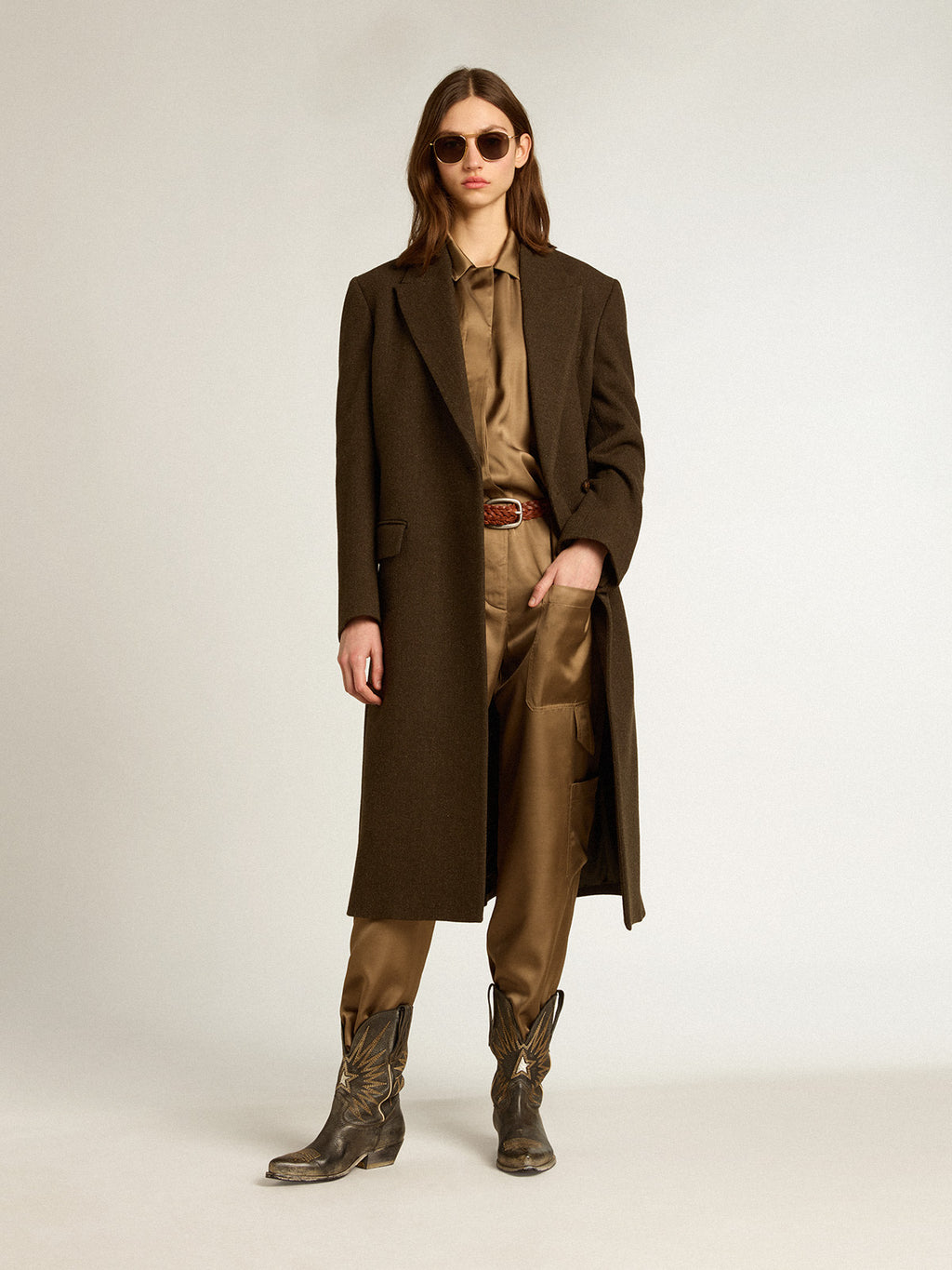 Women's one-and-a-half-breasted coat in bark-colored wool| Golden Goose