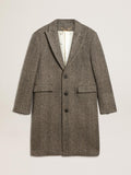 Men's single-breasted wool coat with beige and gray herringbone weave| Golden Goose