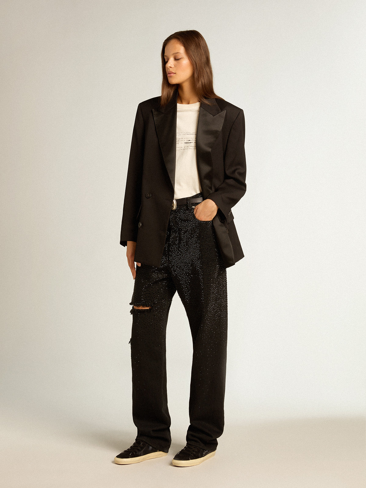 Women's cotton denim pants with shaded-effect crystal decoration| Golden Goose