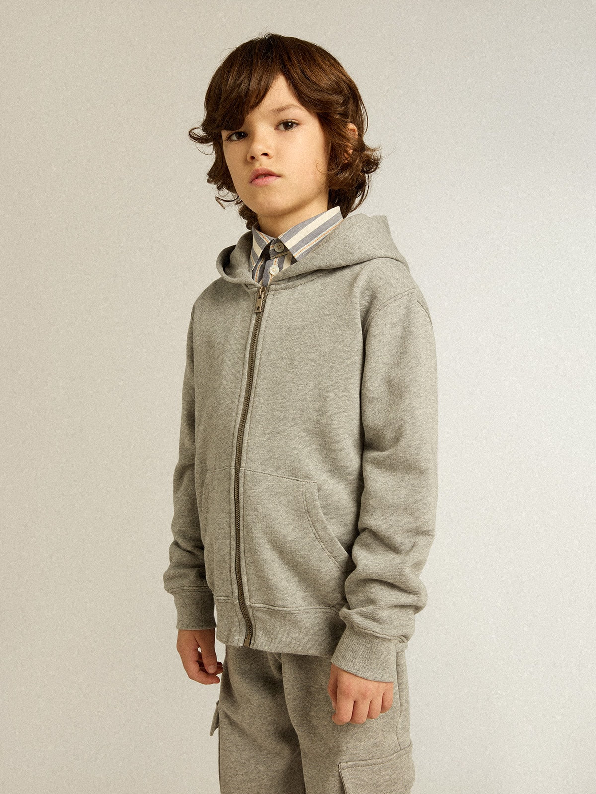 Gray melange hooded sweatshirt with print on the back| Golden Goose