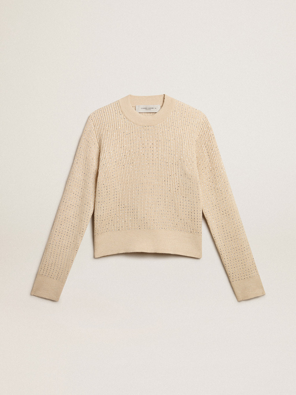 Cropped round-neck sweater in beige wool with all-over crystals| Golden Goose