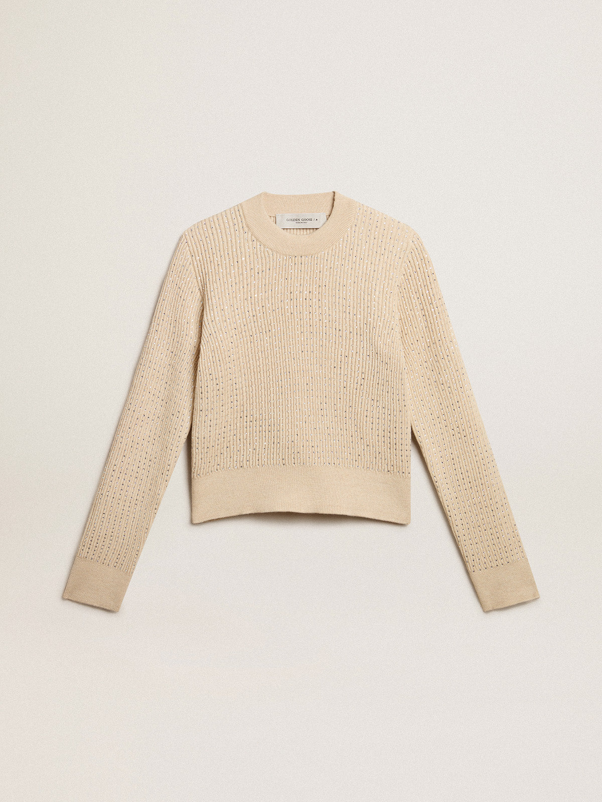 Cropped round-neck sweater in beige wool with all-over crystals| Golden Goose