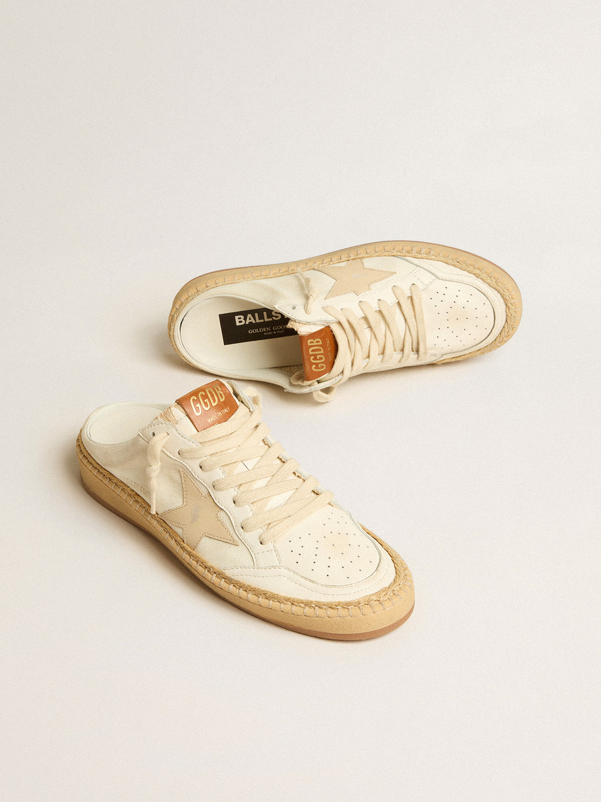Ball Star Sabots LTD with beige leather star and raffia trim| Golden Goose