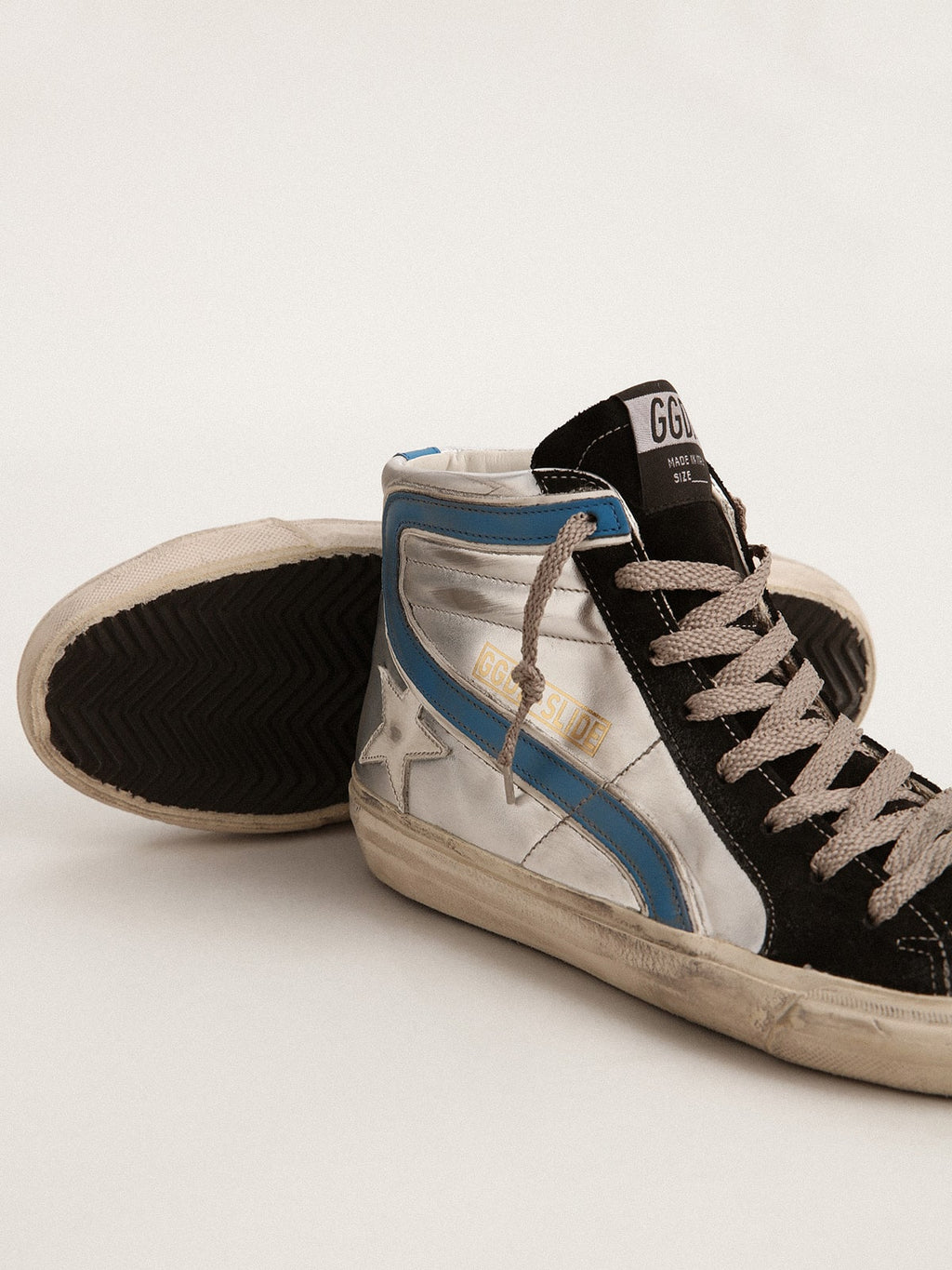 Slide in silver metallic leather with white leather star| Golden Goose
