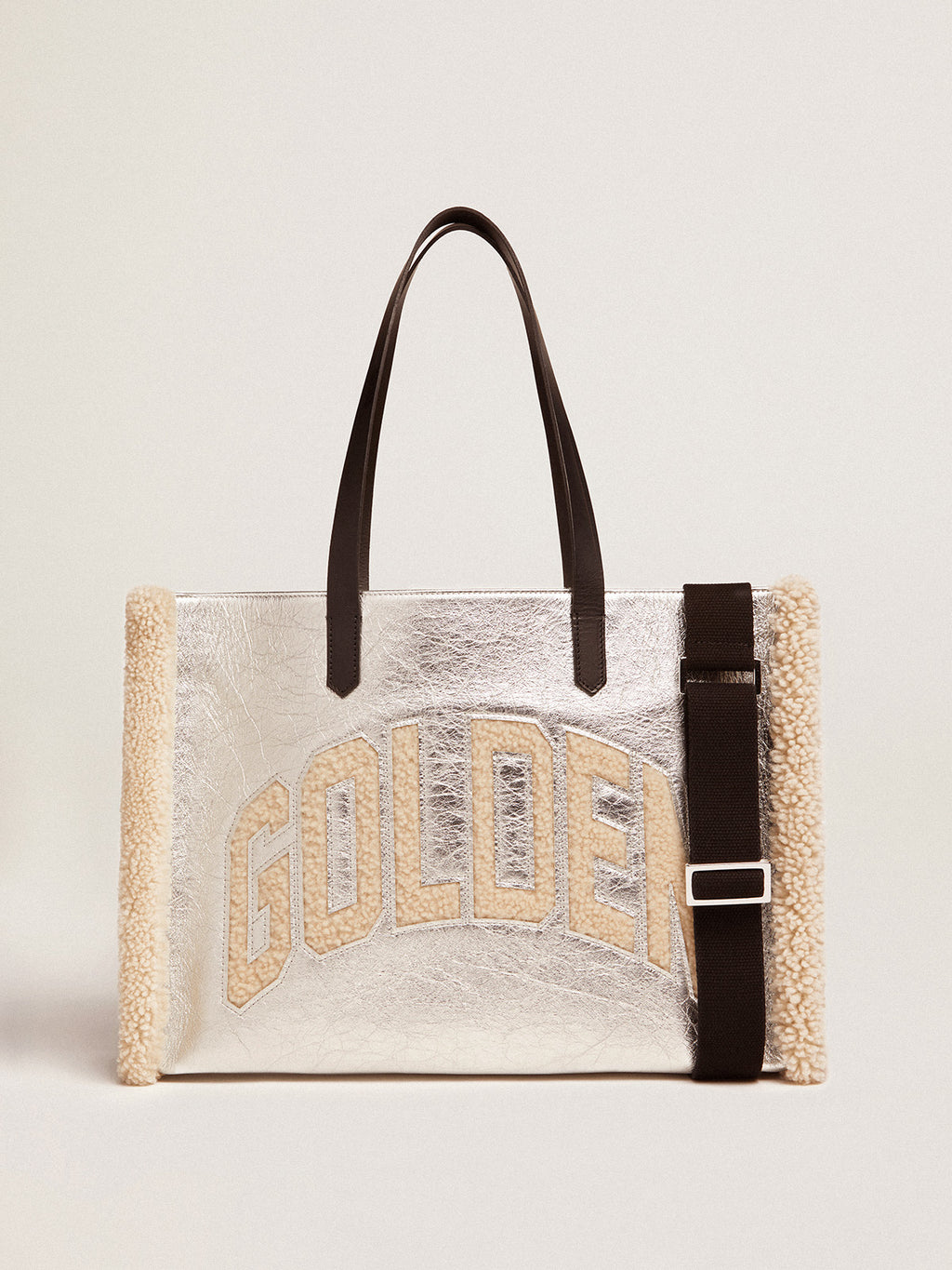 Women's California Bag East-West in silver leather and wool inserts| Golden Goose