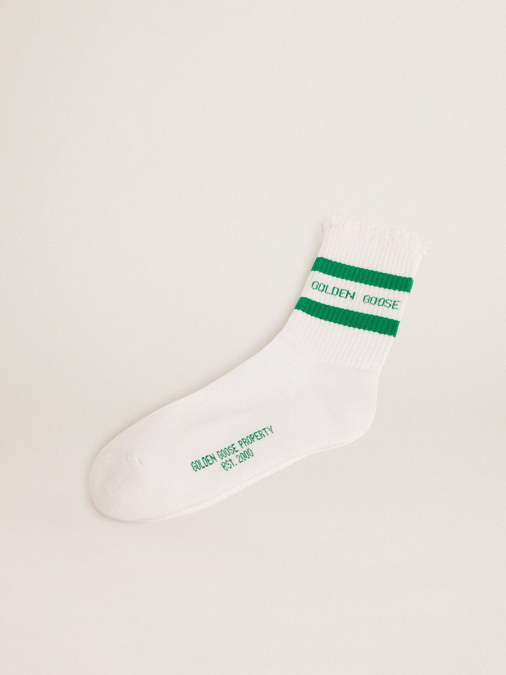 Cotton socks with distressed finishes, green stripes and logo| Golden Goose