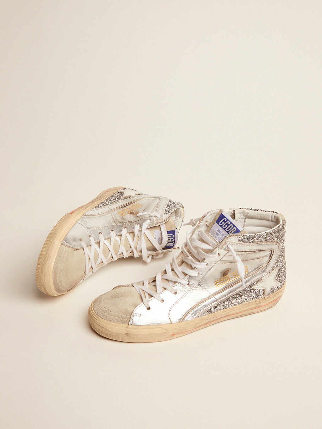 Women's Slide with laminated leather upper and silver glitter| Golden Goose