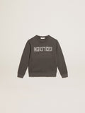 Distressed gray sweatshirt with crystal lettering| Golden Goose
