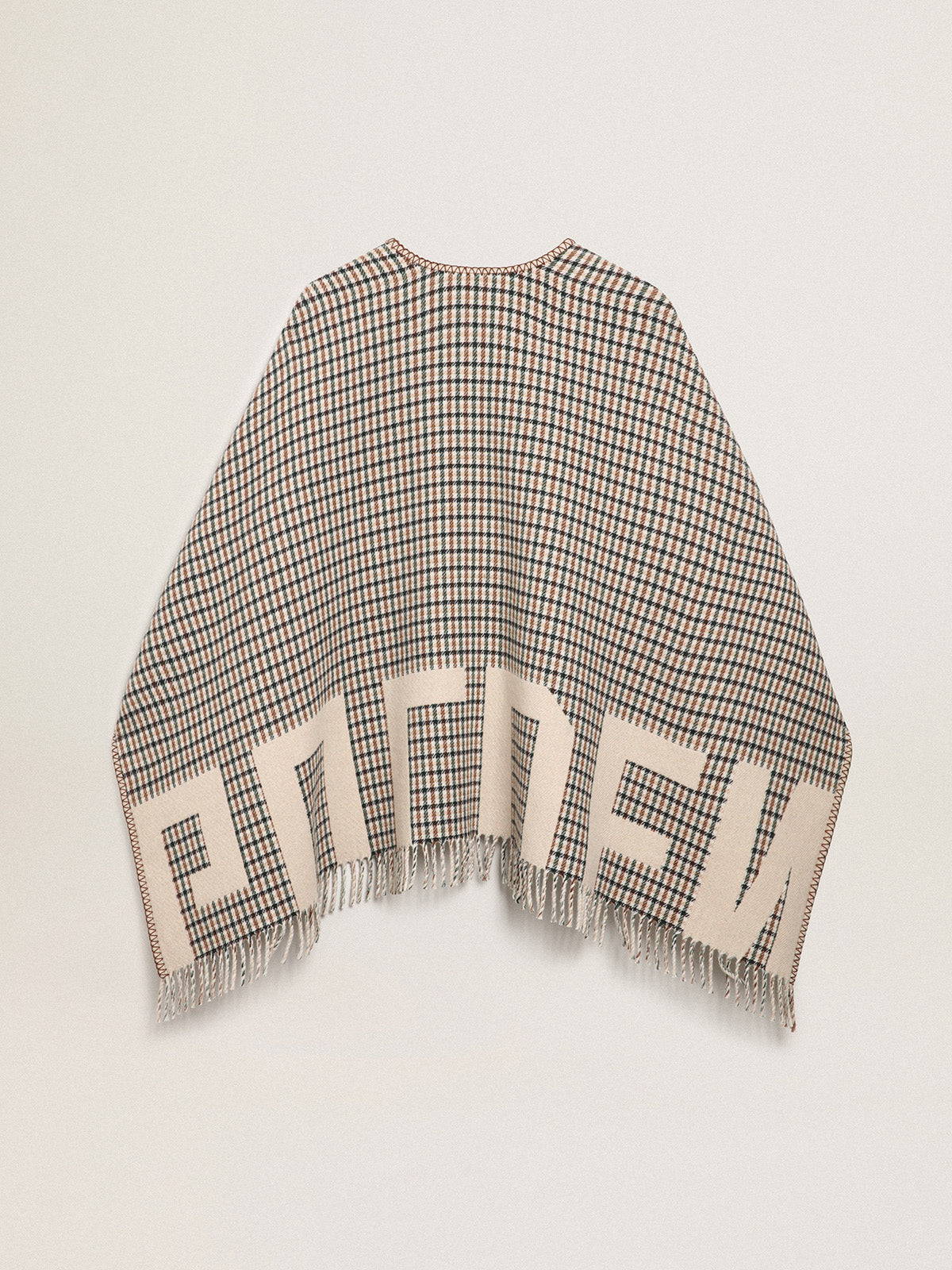 Poncho in double face cream-colored wool with check pattern and lettering| Golden Goose