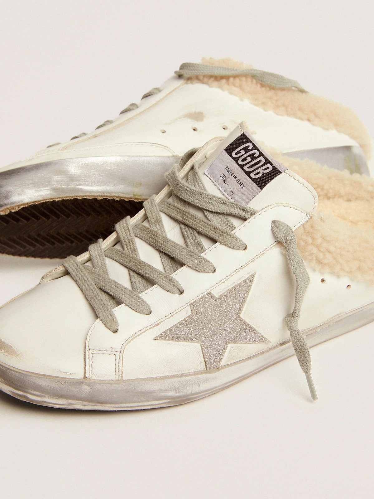 Super-Star Sabots in white leather with shearling lining| Golden Goose