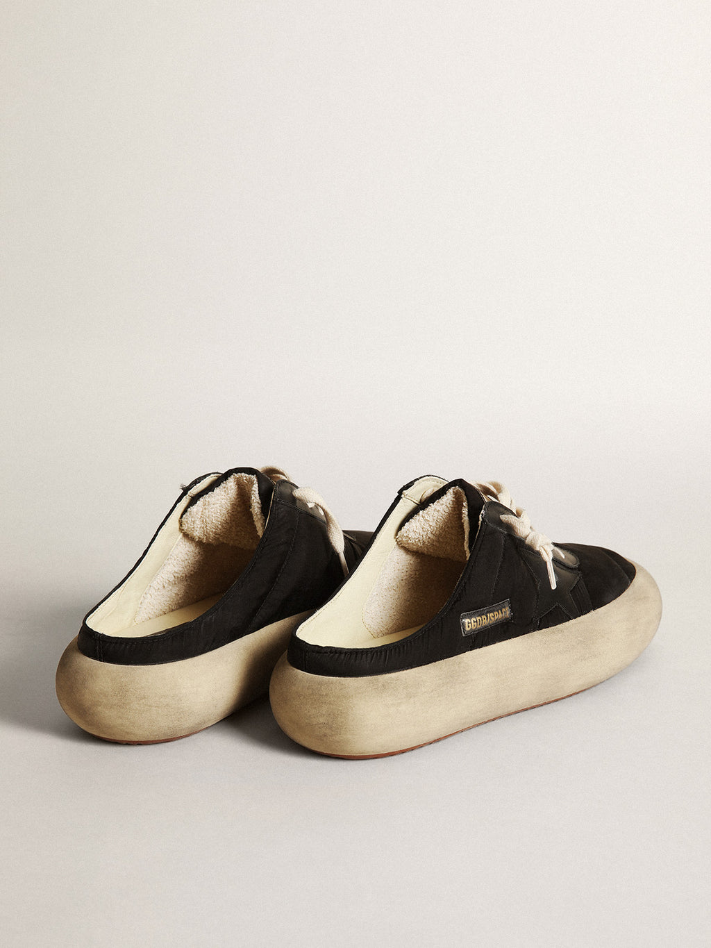 Women's Space-Star Sabots in black nylon with black leather star| Golden Goose