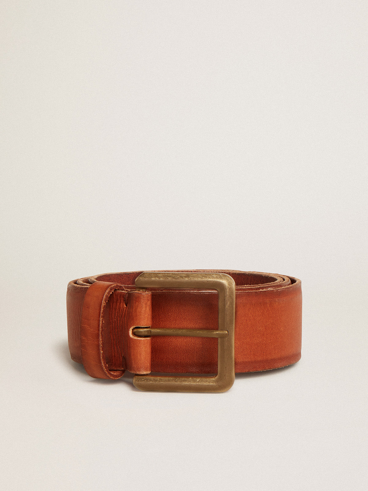 Belt in tan-colored washed leather with raised print| Golden Goose