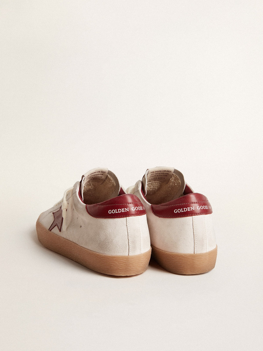 Super-Star in white suede with burgundy leather star and heel tab| Golden Goose