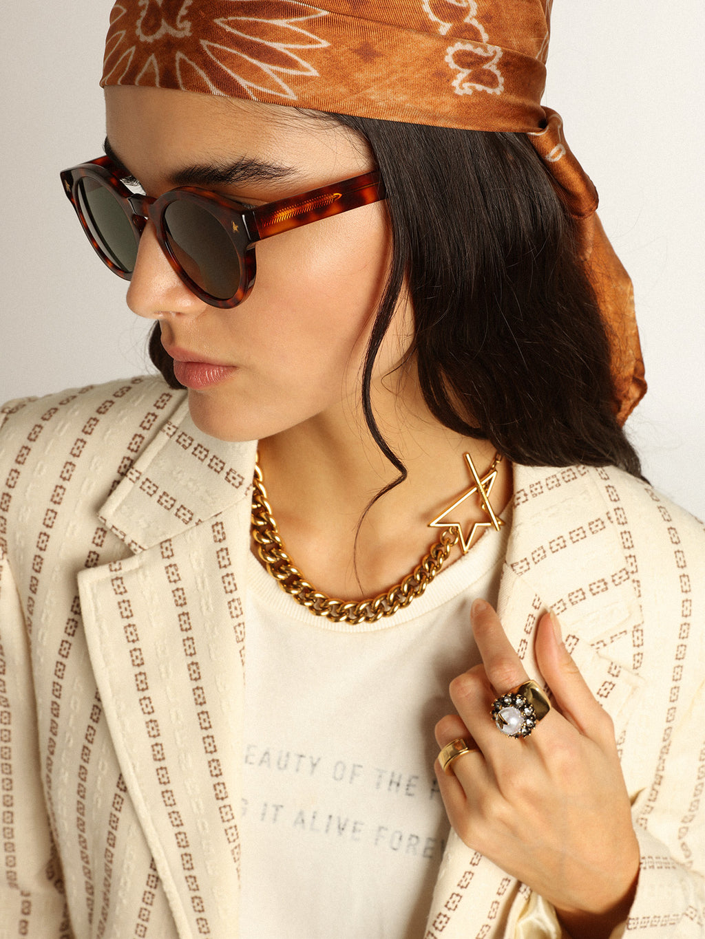 Single-breasted cream cotton blazer with jacquard motif| Golden Goose