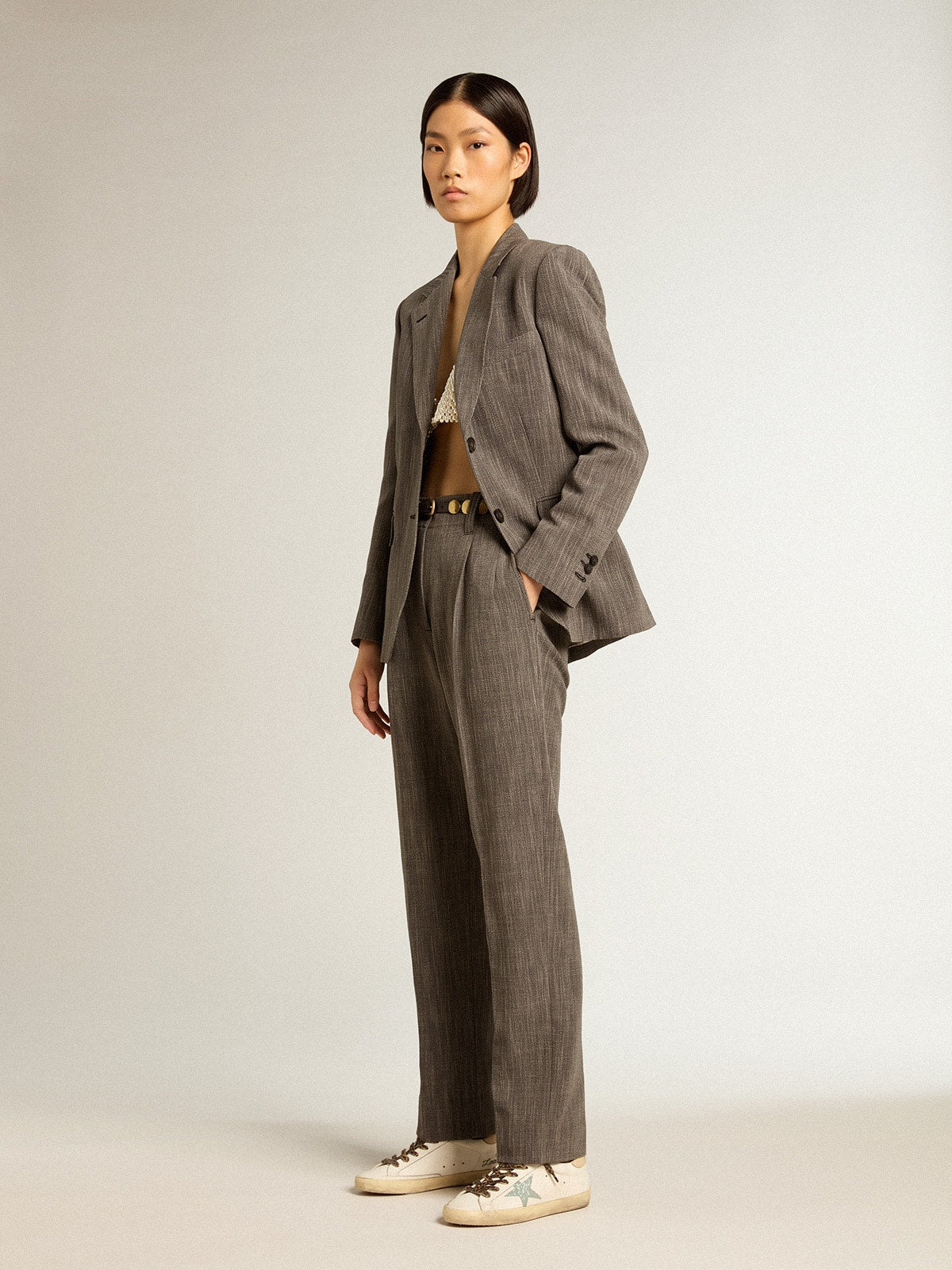 Women's Super-Star with gray glitter star and nude leather heel tab| Golden Goose