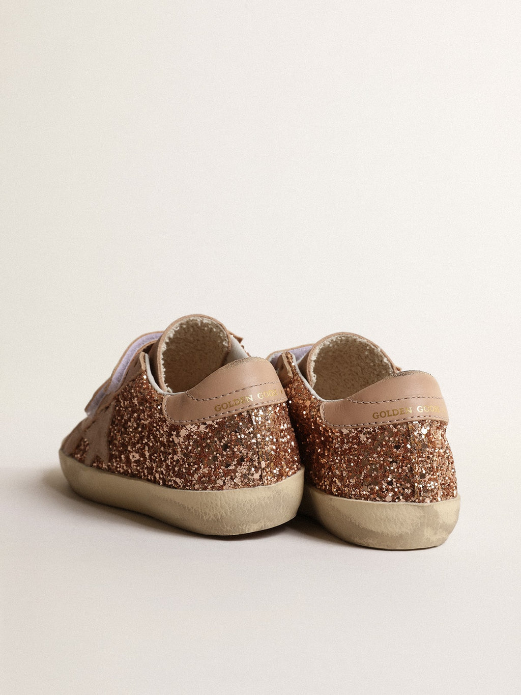 Old School Young in peach-pink glitter with pink suede star| Golden Goose