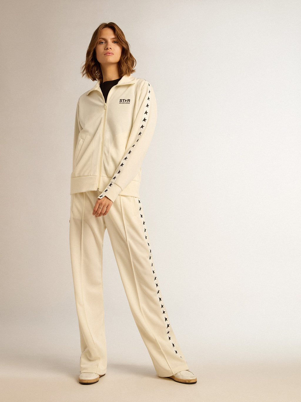 Women's white zipped sweatshirt with white strip and black stars| Golden Goose