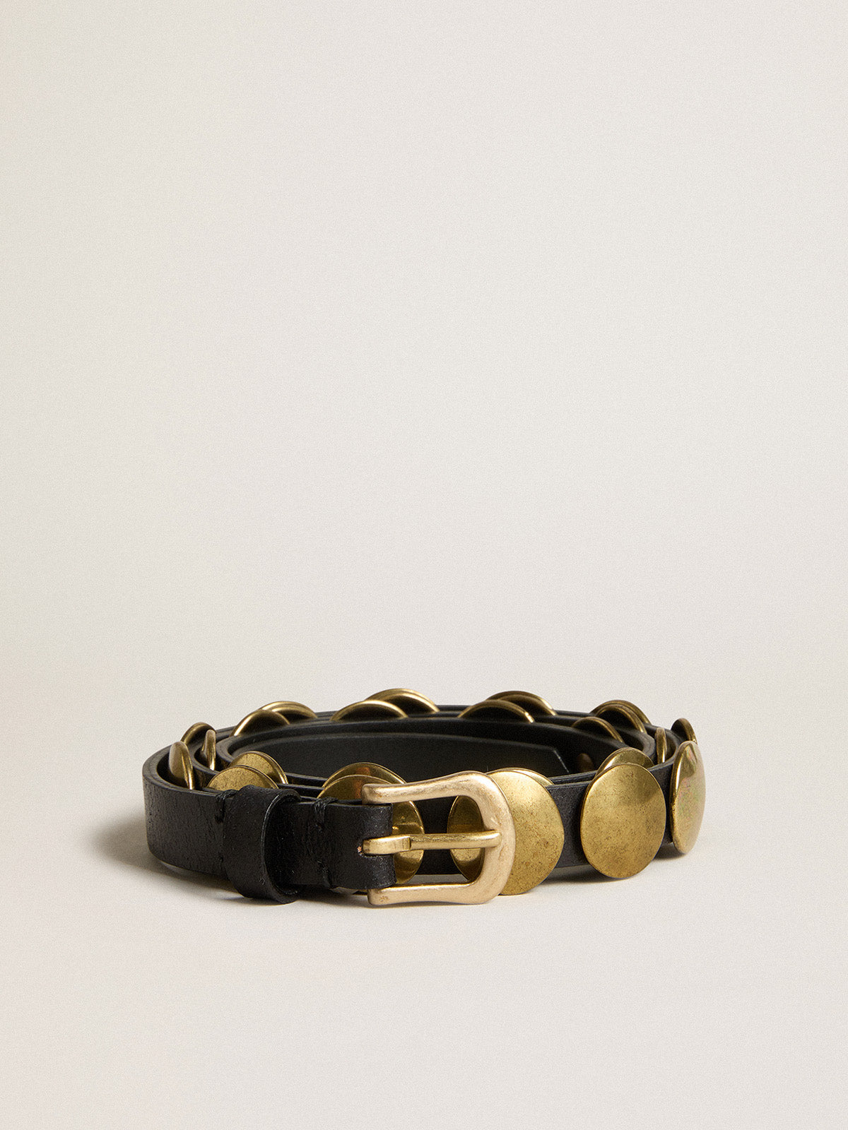 Black Trinidad belt in washed leather with gold studs| Golden Goose