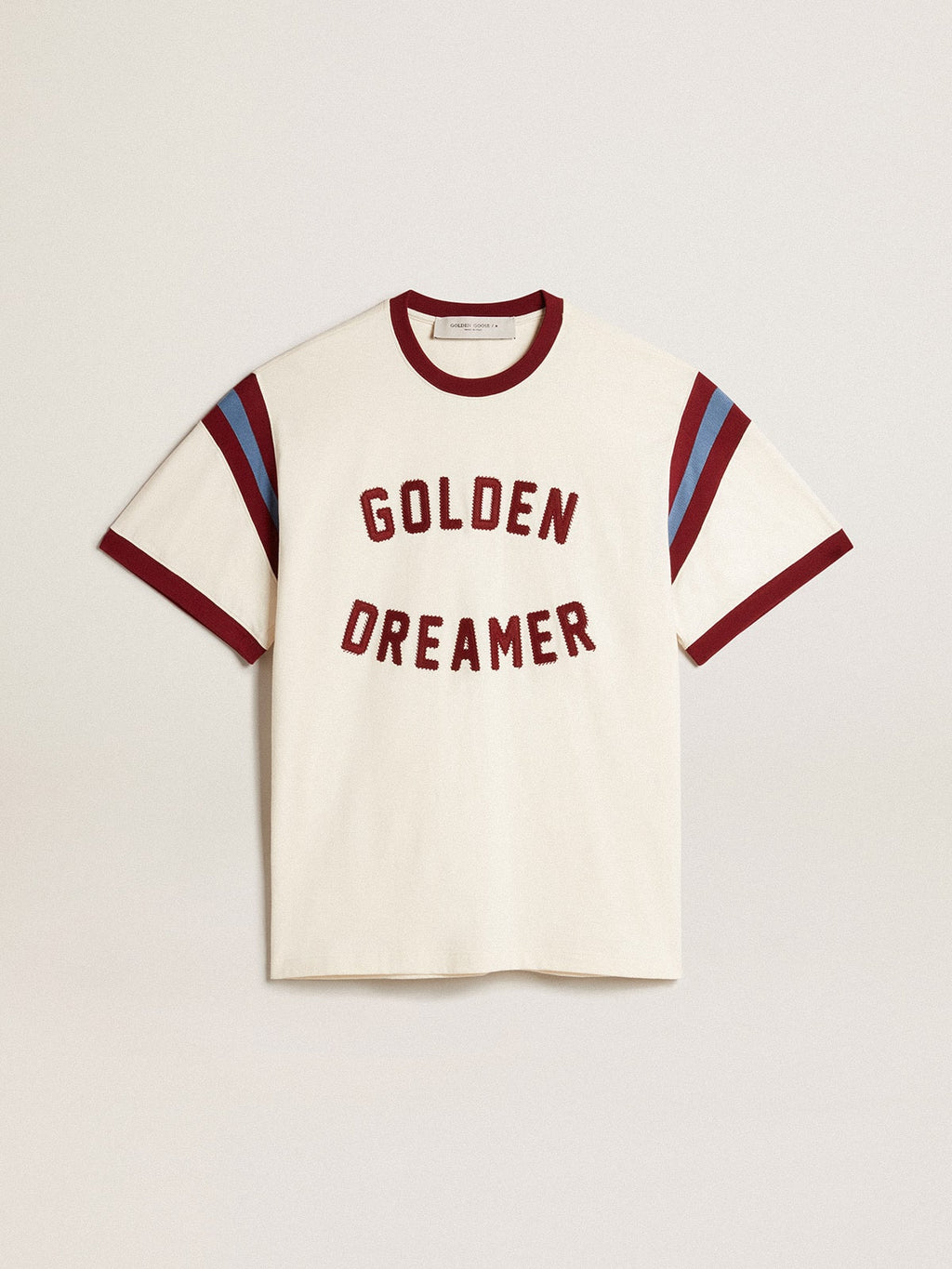 Men's white T-shirt with burgundy lettering on the front| Golden Goose
