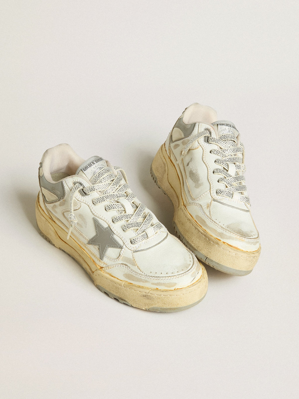 Men's Forty2 in white leather with laces with Swarovski crystals and gray star| Golden Goose