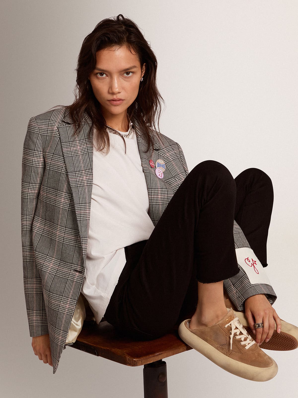 Women's Space-Star Sabot shoes in tobacco-colored suede with shearling lining| Golden Goose