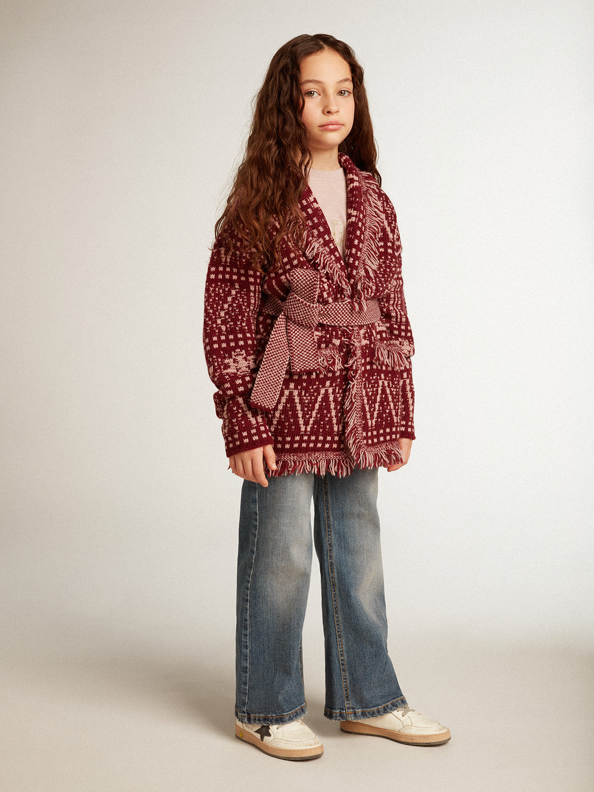 Girls' belted cardigan with burgundy Fair Isle motif| Golden Goose