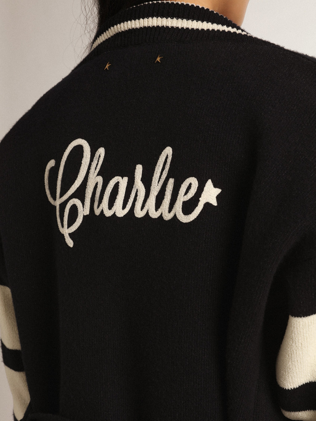 Women's blue cardigan with belt at the waist and lettering on the back| Golden Goose