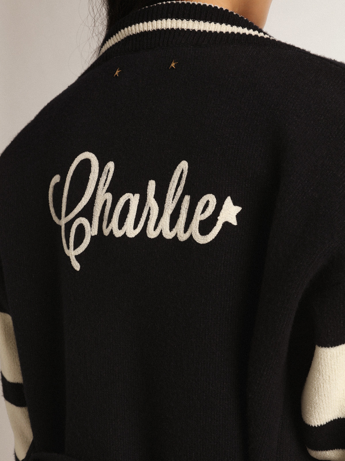 Women's blue cardigan with belt at the waist and lettering on the back| Golden Goose