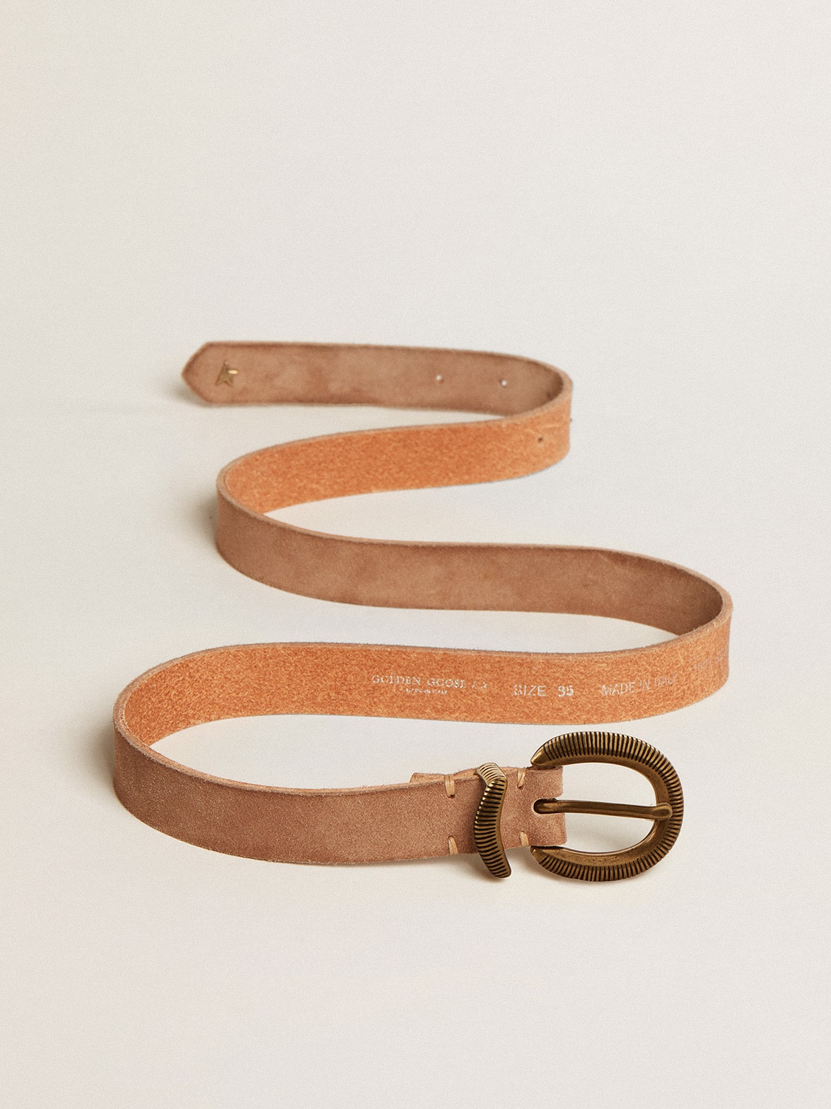 Ash-colored nubuck leather belt with gold buckle| Golden Goose