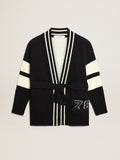 Women's blue cardigan with belt at the waist and lettering on the back| Golden Goose