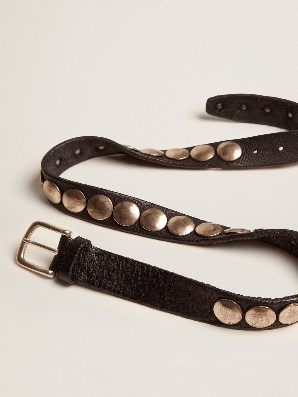 Women's black Trinidad belt in washed leather with silver studs| Golden Goose