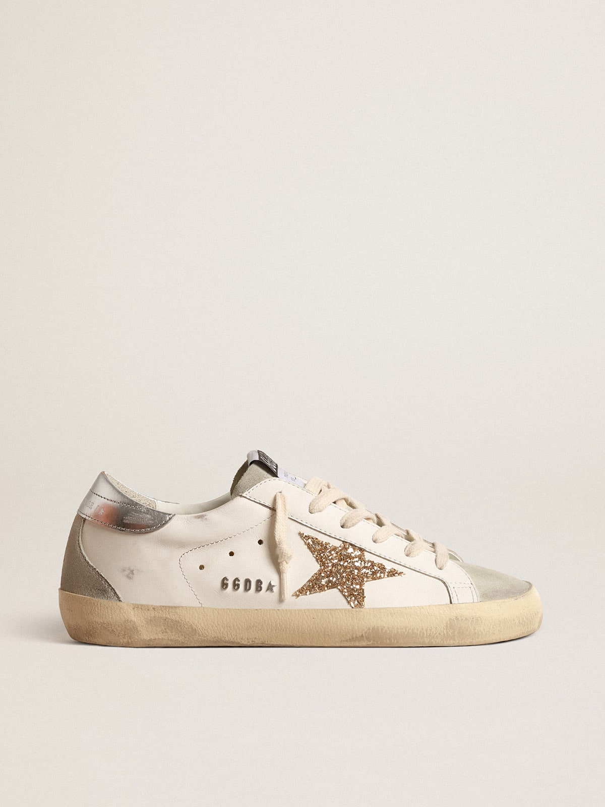 Women's Super-Star with gold glitter star and ice-gray suede inserts| Golden Goose