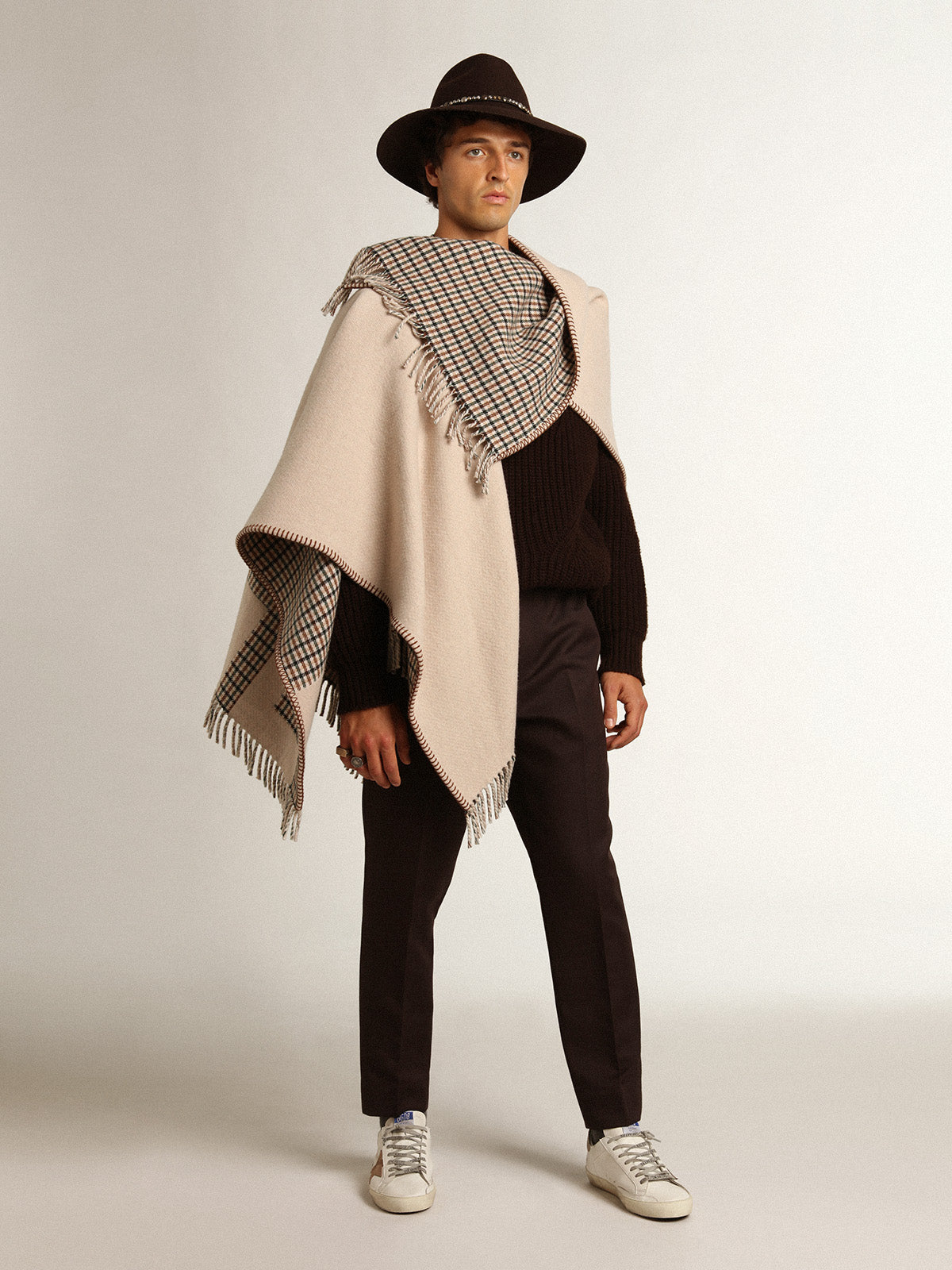 Poncho in double face cream-colored wool with check pattern and lettering| Golden Goose
