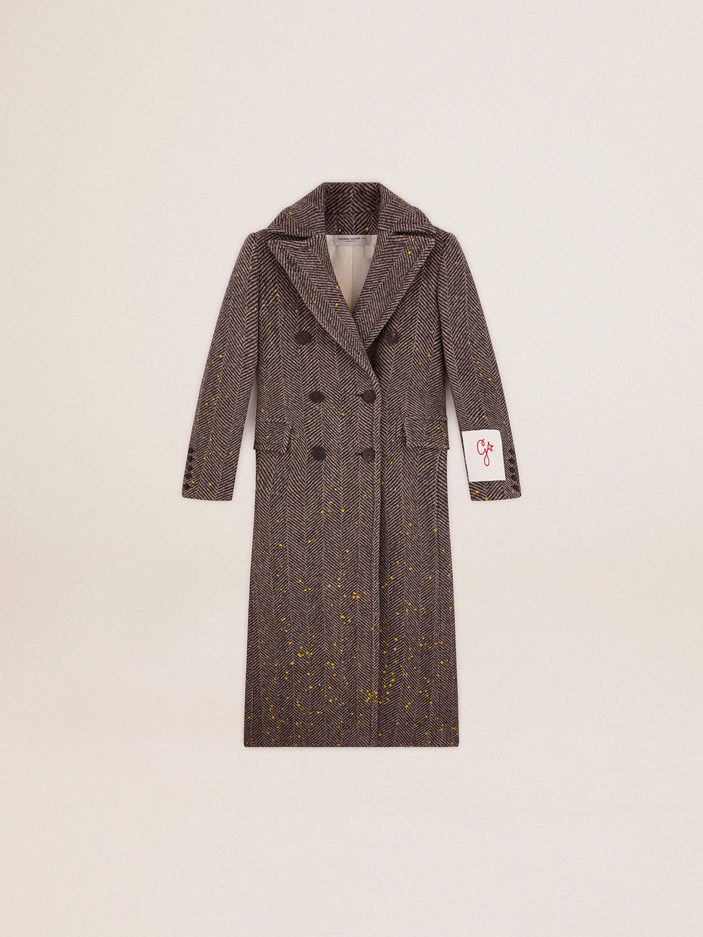 Women's long herringbone coat with yellow details| Golden Goose