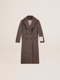 Women's long herringbone coat with yellow details| Golden Goose