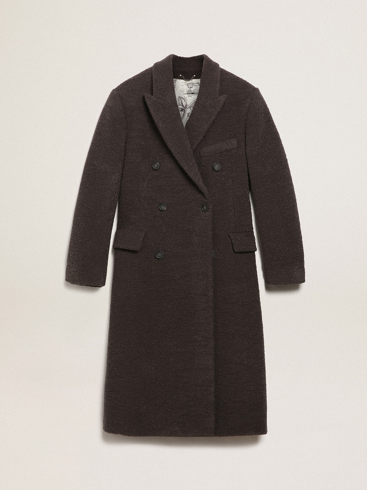 Men's double-breasted coat in licorice-colored bouclé wool| Golden Goose
