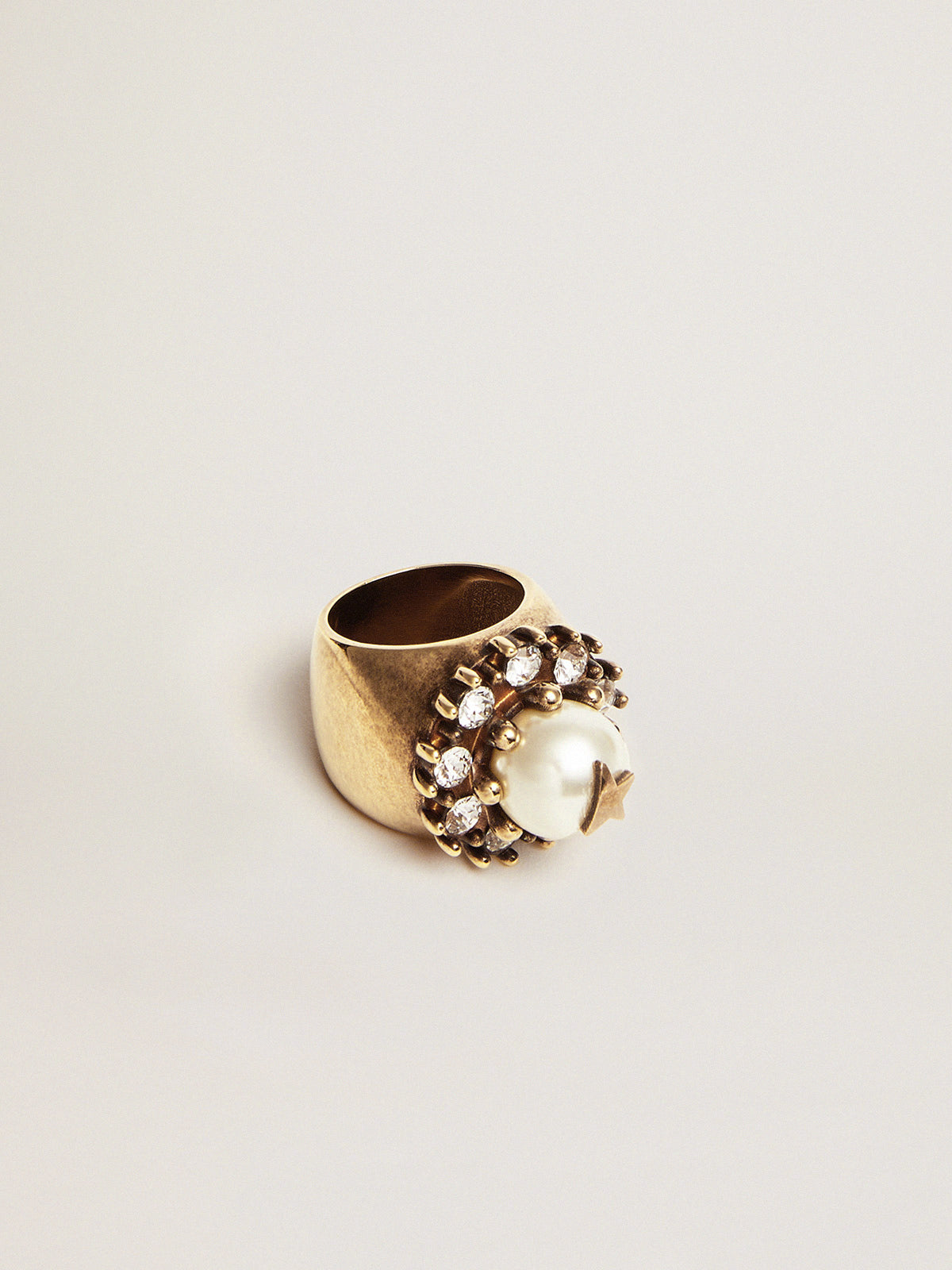 Women's ring in antique gold color with decorative bead and crystals| Golden Goose