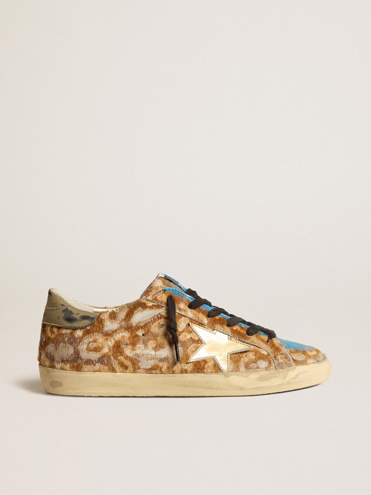 Men's Super-Star LAB in leopard pony skin with gold star and gray heel tab| Golden Goose