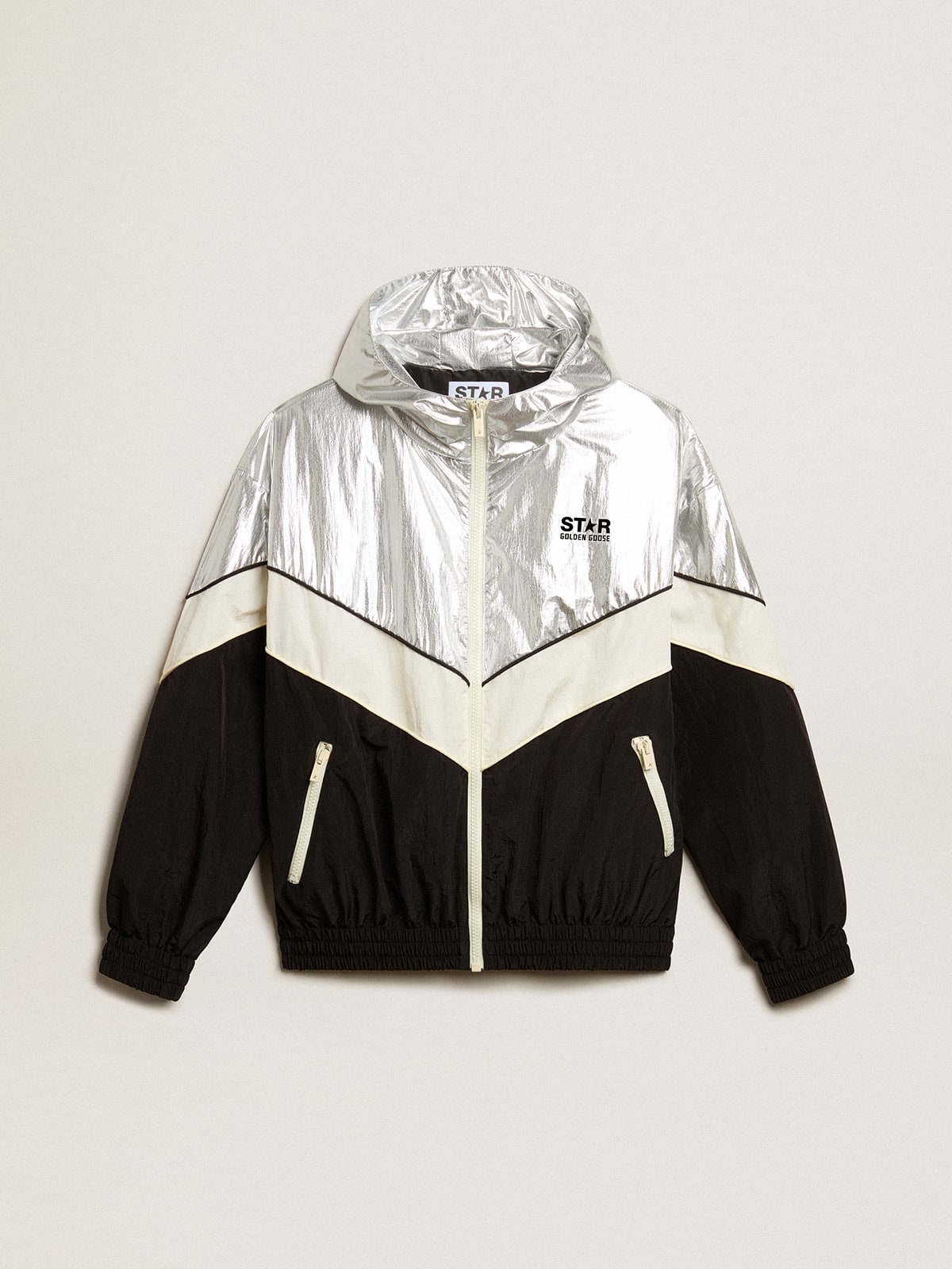Women's windcheater in silver and black technical fabric| Golden Goose