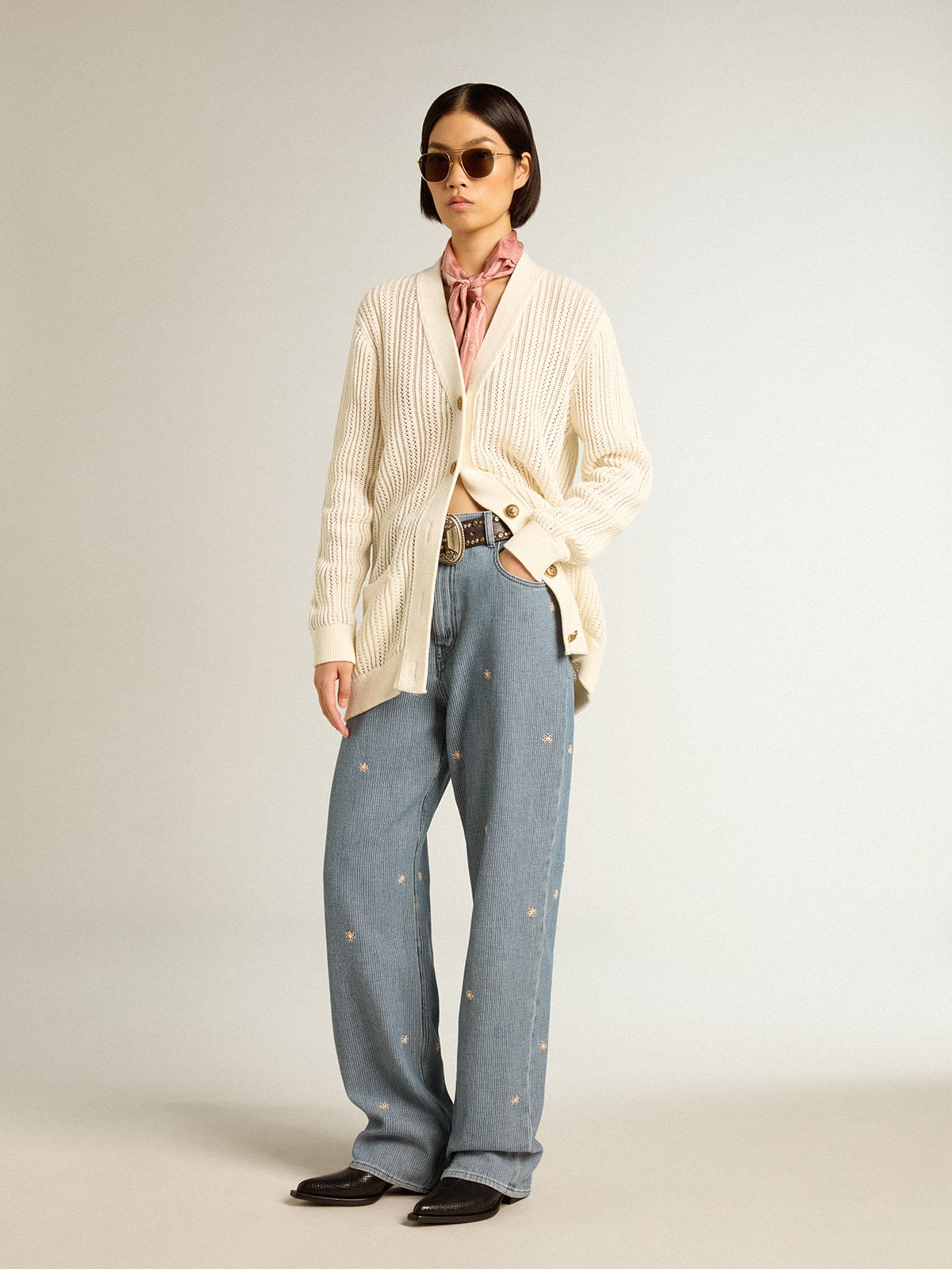 Vintage white-colored openwork cotton cardigan