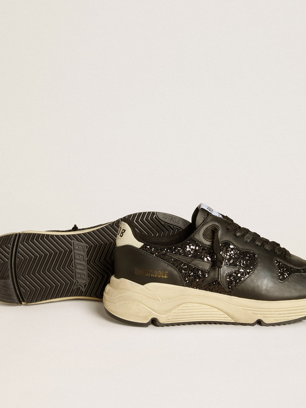 Women's Running Sole in black glitter with leather star and nubuck heel tab| Golden Goose