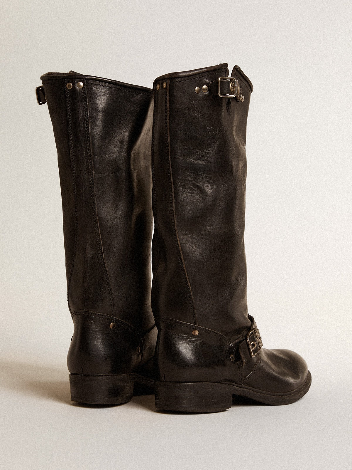 High Biker boots in black leather with silver studs and buckles| Golden Goose