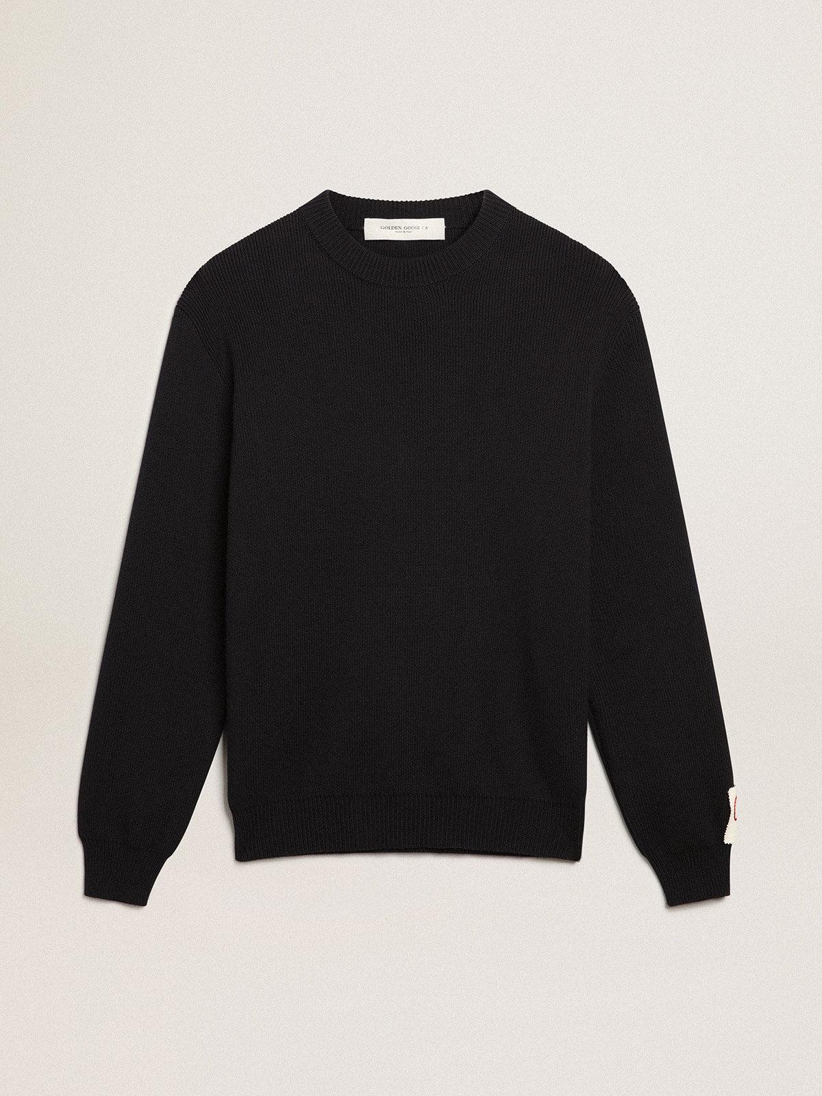 Men's round-neck sweater in dark blue cotton with logo| Golden Goose