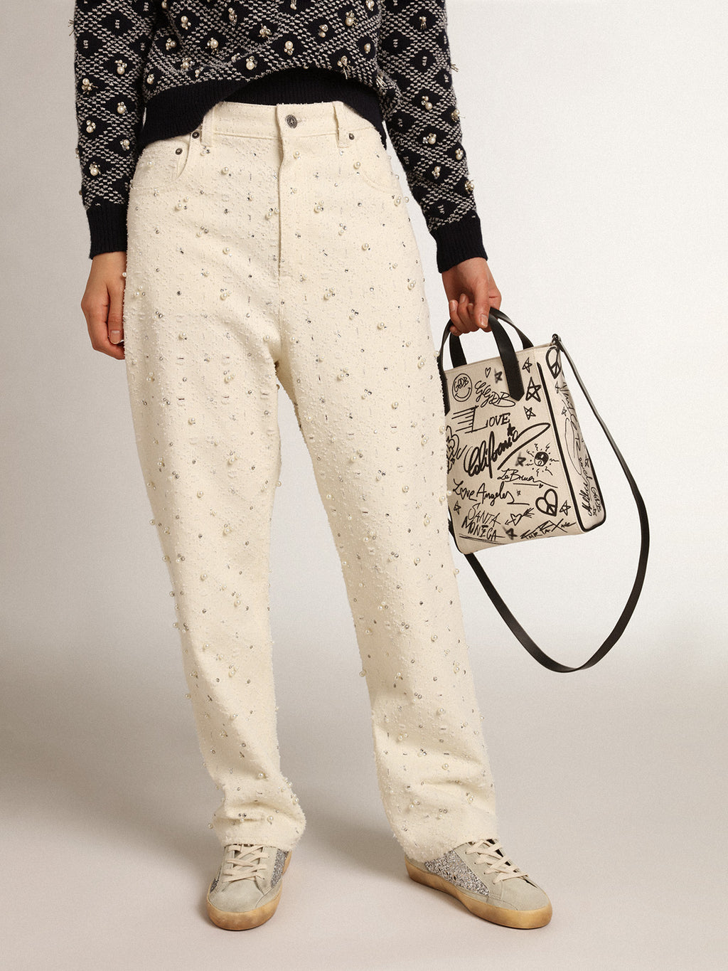Journey Collection Kim jeans in off-white cotton with diamond patterns and the addition of beads and crystals| Golden Goose