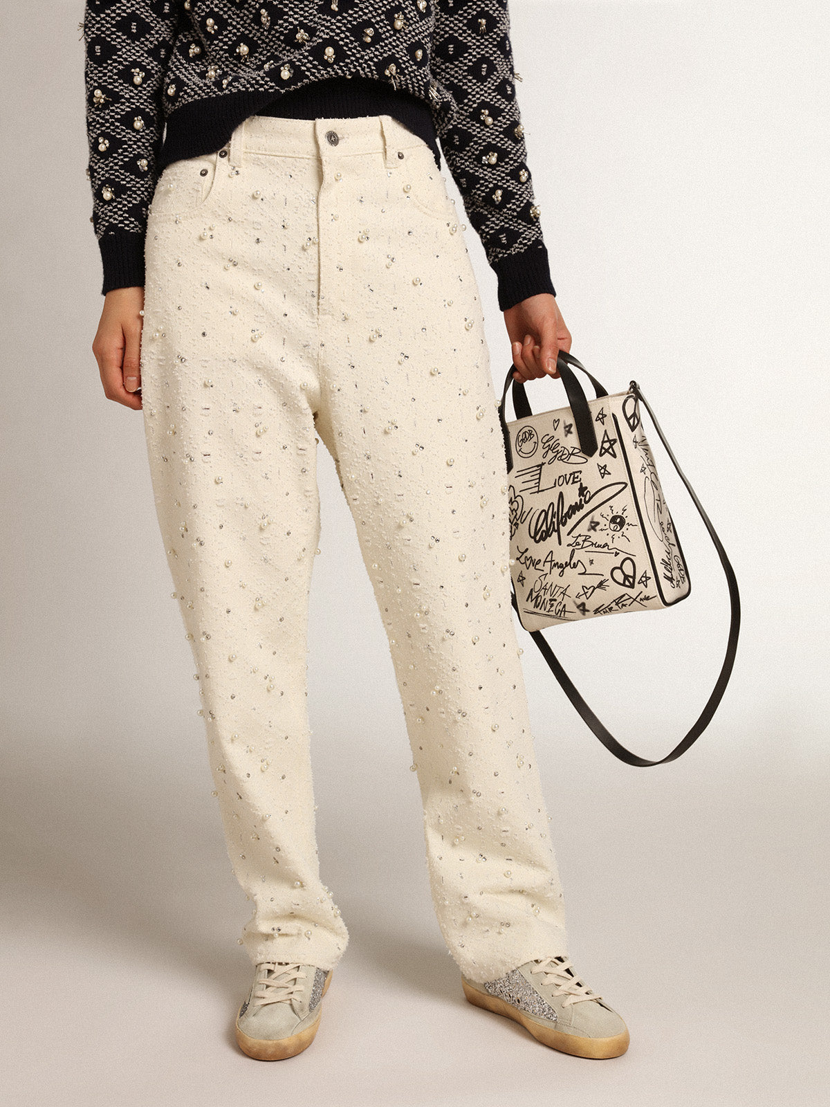 Journey Collection Kim jeans in off-white cotton with diamond patterns and the addition of beads and crystals| Golden Goose