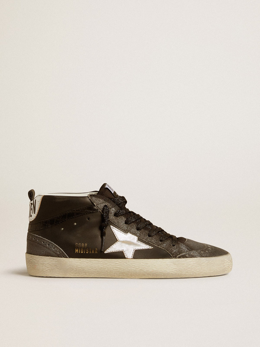Women's Mid Star in black leather with silver metallic leather star| Golden Goose