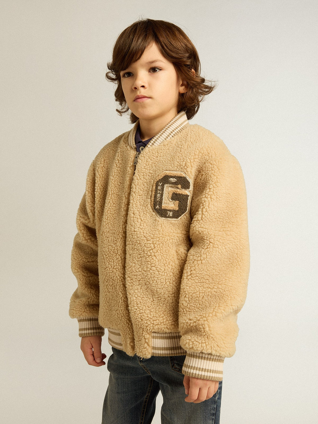 Kids beige fleece bomber jacket| Golden Goose