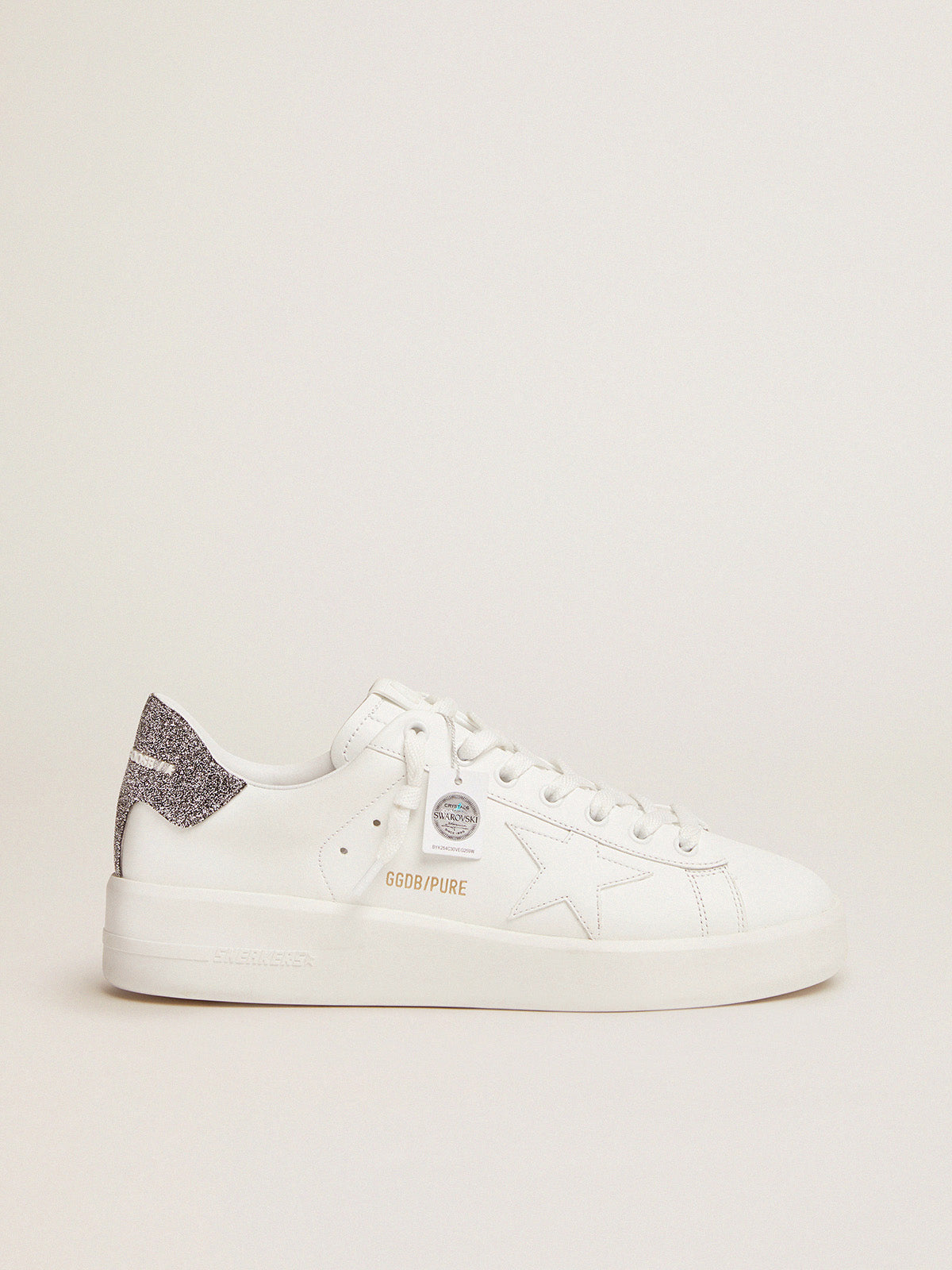 Purestar sneakers in white leather with silver Swarovski crystal heel tab| Golden Goose