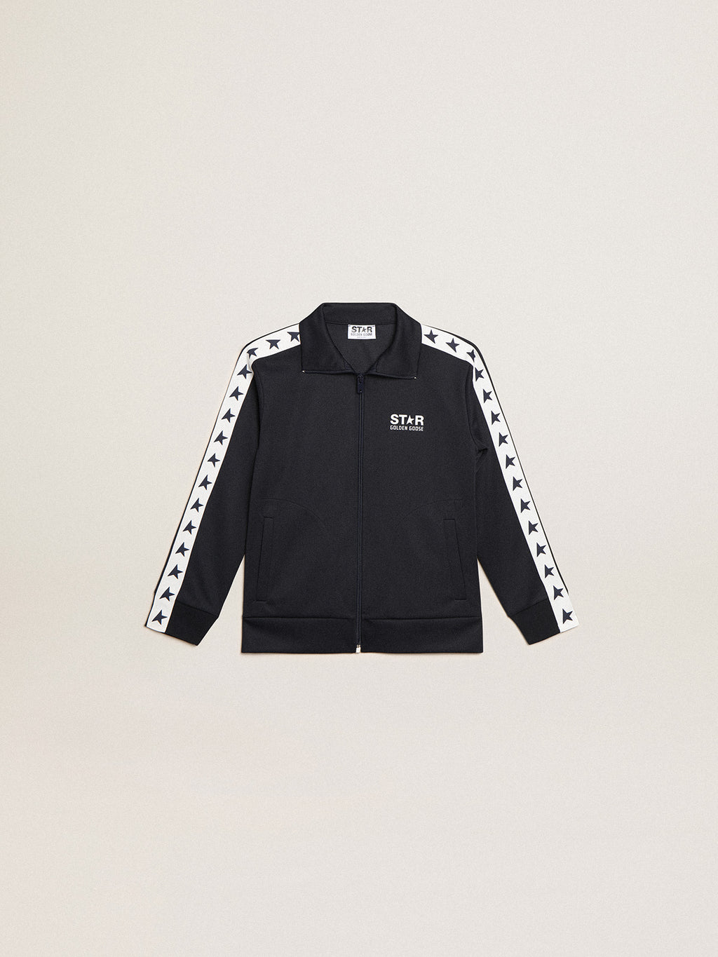 Dark blue zipped sweatshirt with white strip and contrasting stars| Golden Goose