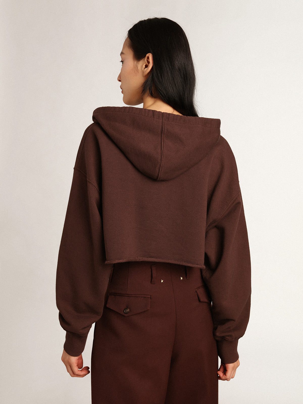 Walnut-brown Journey Collection hooded cropped sweatshirt with contrasting white Golden lettering| Golden Goose
